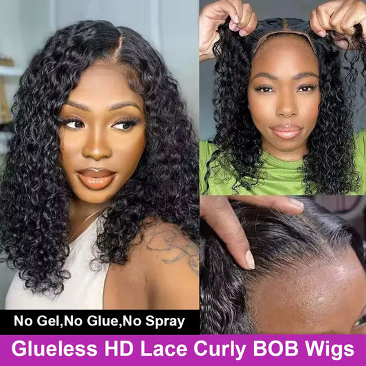 Perruque Bob Lace Frontal Wig naturelle bouclée sans colle, cheveux humains, pre-coupés, sans colle, 13x6, 7x5, prêt à porter, pre-plucked, pour femmes