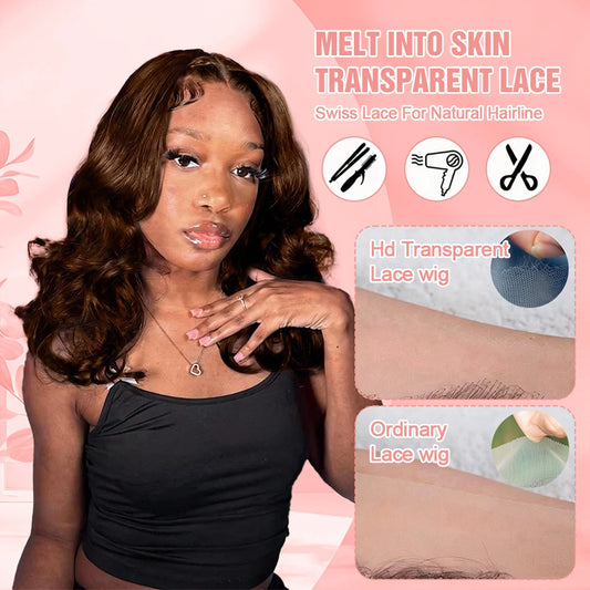 Perruque Bob courte ondulée brun chocolat 16 pouces, cheveux 100% naturels, sans colle, 13x4, perruque Lace Front Wig transparente pour femmes