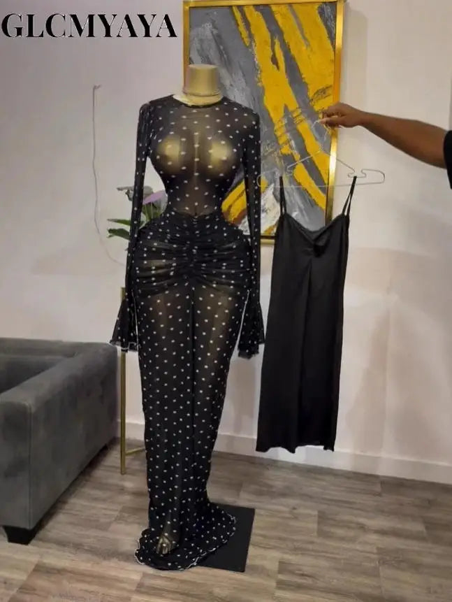 CM.YAYA 2025 automne femmes à manches longues empilées maille voir si avec doublure moulante longue robe soirée anniversaire Sexy robes de fête