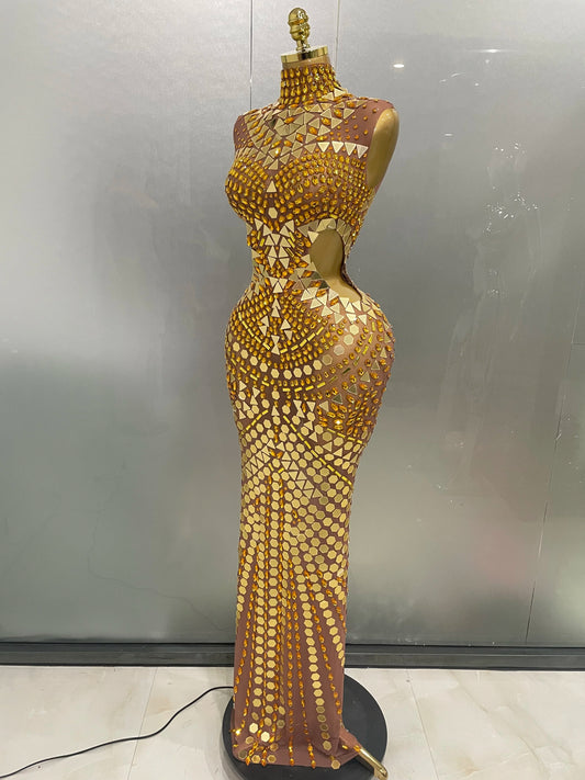 Robe longue évidée en biscuits miroir brillant pour femmes, robes de séance photo de scène, défilé de Rh, luxe, célébrité, soirée, 2025