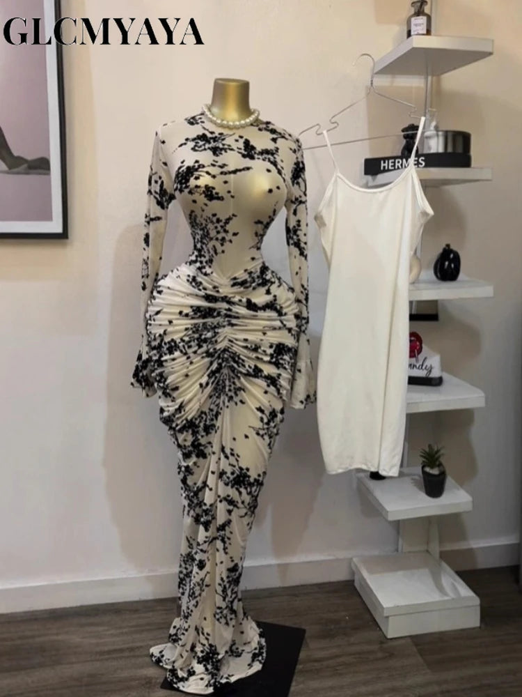 CM.YAYA 2025 automne femmes à manches longues empilées maille voir si avec doublure moulante longue robe soirée anniversaire Sexy robes de fête