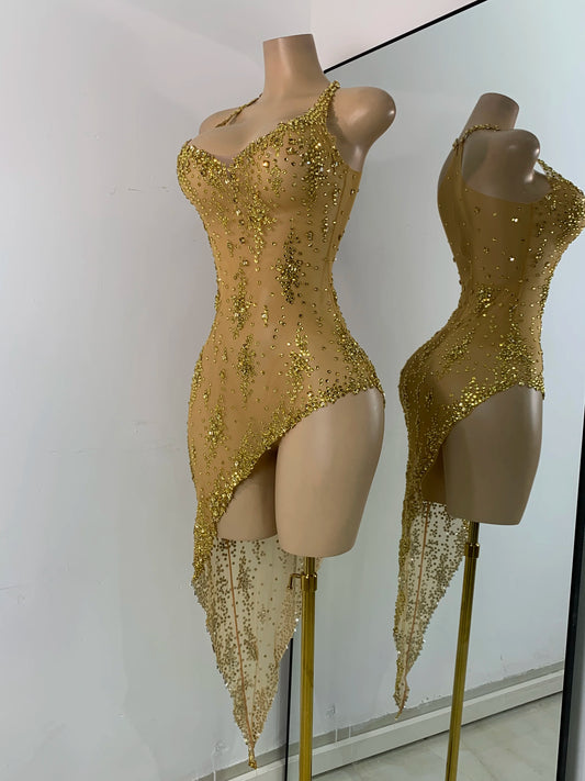 Robe de soirée Design doré scintillant, strass de luxe, transparente, vêtements Sexy pour femmes, maille extensible, robes d'anniversaire