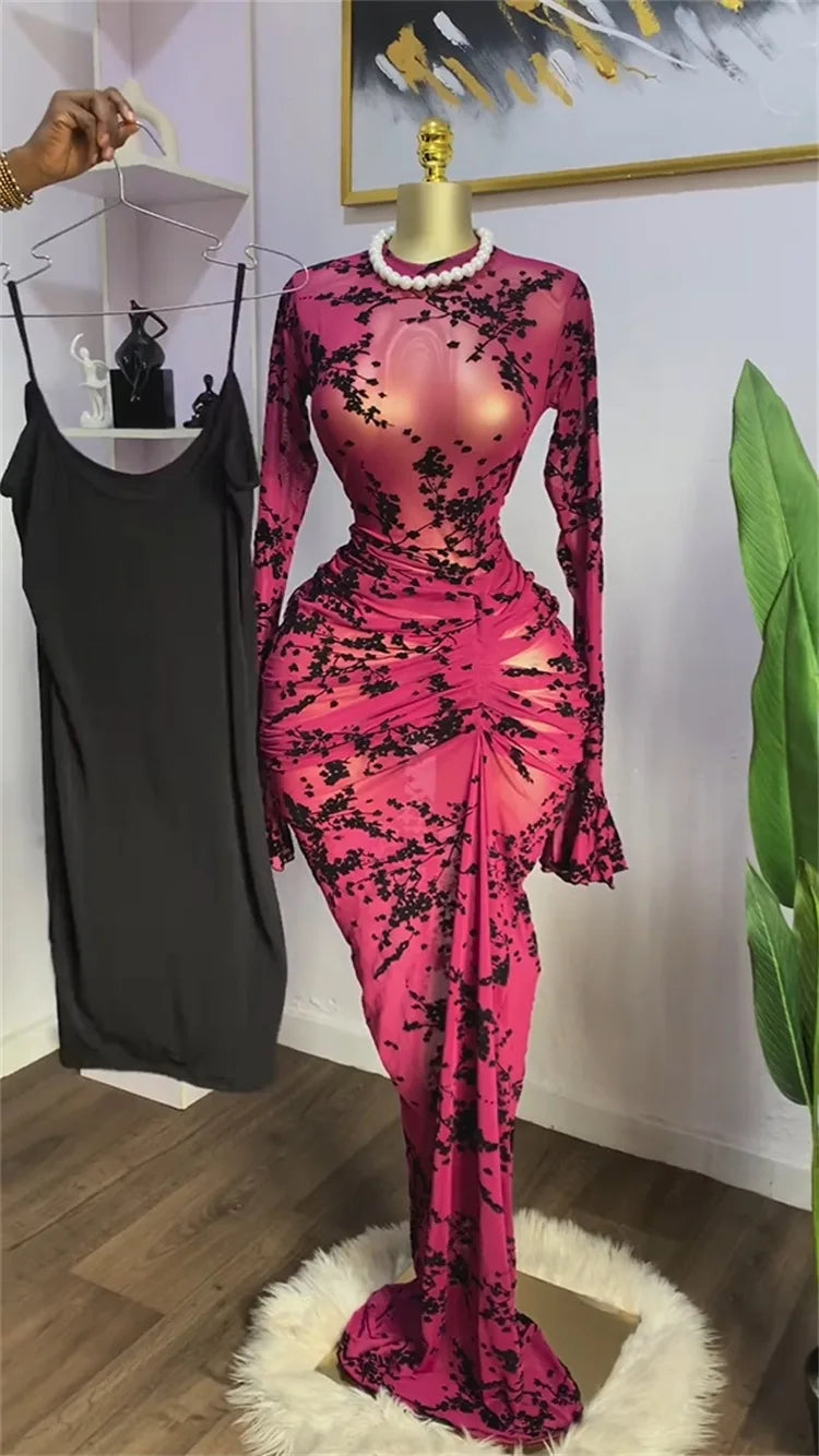 CM.YAYA 2025 automne femmes à manches longues empilées maille voir si avec doublure moulante longue robe soirée anniversaire Sexy robes de fête