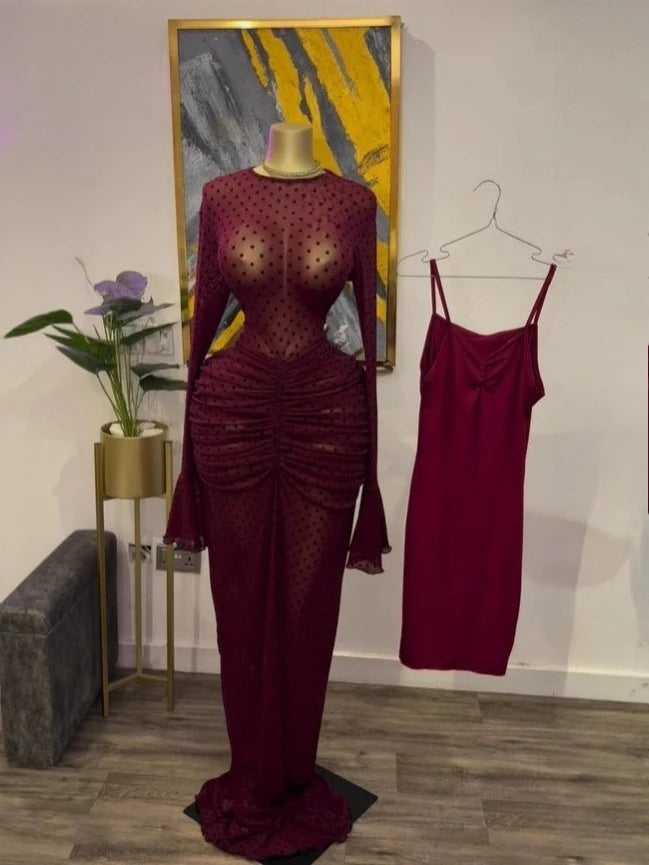 CM.YAYA 2025 automne femmes à manches longues empilées maille voir si avec doublure moulante longue robe soirée anniversaire Sexy robes de fête