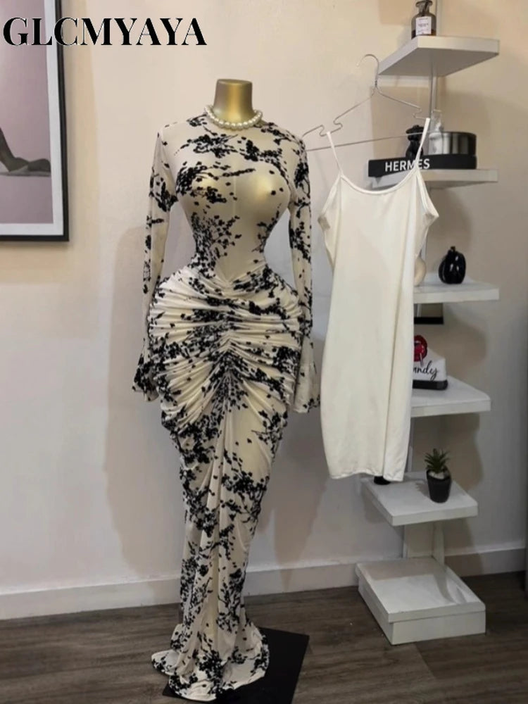 CM.YAYA 2025 automne femmes à manches longues empilées maille voir si avec doublure moulante longue robe soirée anniversaire Sexy robes de fête