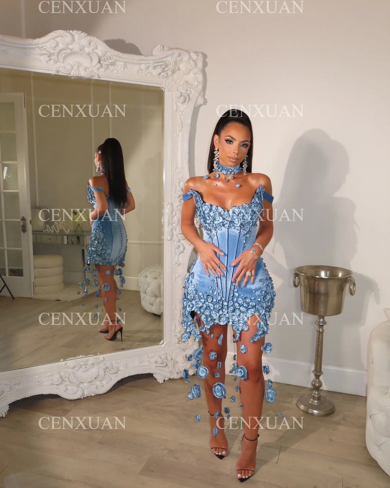 CENXUAN – robe De soirée courte à fleurs 3D, style sirène, bretelles Spaghetti, robe De Cocktail, personnalisée