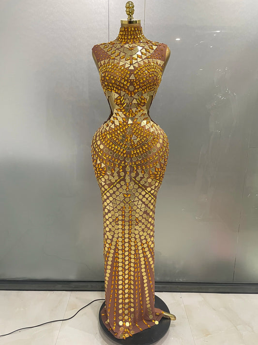 Robe longue évidée en biscuits miroir brillant pour femmes, robes de séance photo de scène, défilé de Rh, luxe, célébrité, soirée, 2025