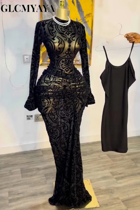 CM.YAYA 2025 automne femmes à manches longues empilées maille voir si avec doublure moulante longue robe soirée anniversaire Sexy robes de fête